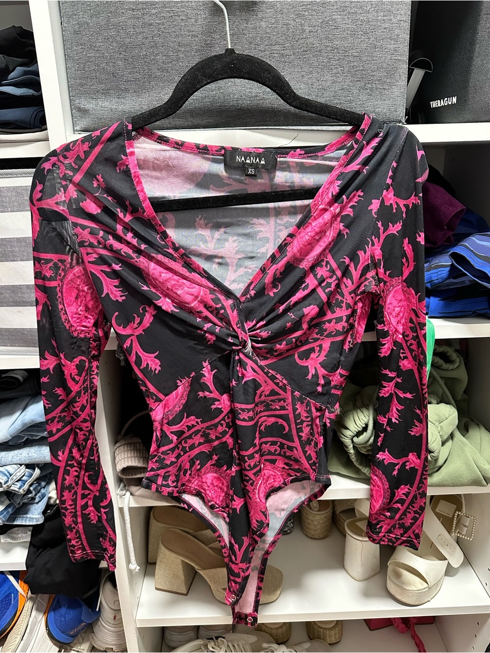 Pink & Black Twist-Front Long Sleeve Bodysuit